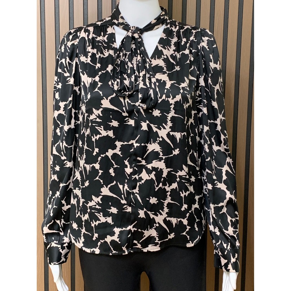 Gap Women's XS Tie Neck Blouse Black Cream Floral Long Sleeve Satin Top Classic